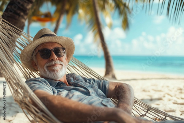 Fototapeta man wearing a straw hat and relaxing on a beach. He is smiling and enjoying the sun
