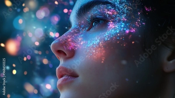 Fototapeta Close-up portrait of a woman's face with glowing light and particles.