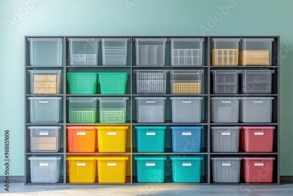 Fototapeta Modern storage solution with brightly colored bins organized on shelving against a light green wall