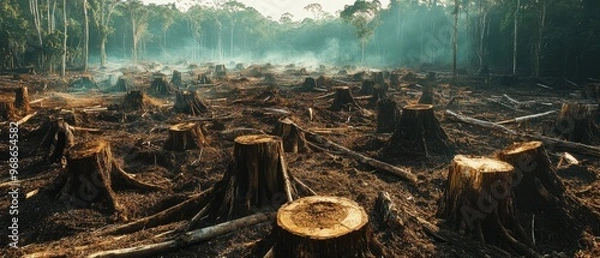 Fototapeta Devastated rainforest with large sections of trees cut down and exposed stumps, illustrating the severe impact of deforestation on ecosystems and wildlife