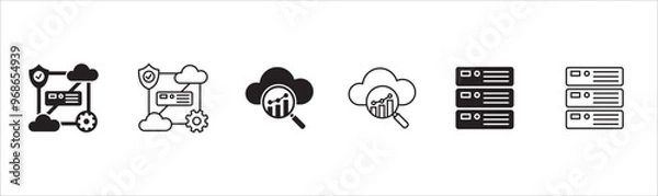 Fototapeta Business data and storage icon set. Contains icon related to statistic, cloud, storage, administrator, network, setting, authentication, algorithm, server. Vector illustration in thin line flat design