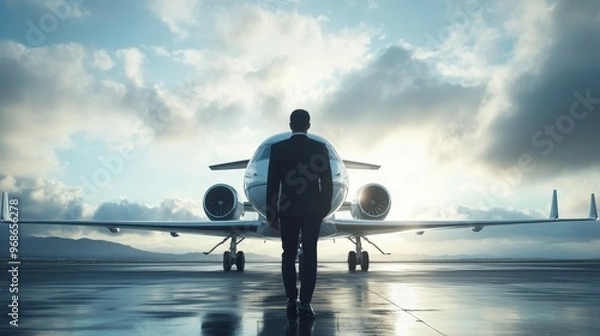 Fototapeta A person walks towards a private jet on a runway, illuminated by sunlight and clouds.