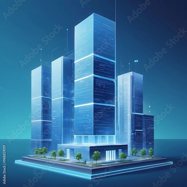 Obraz Future Smart building A 3D Render of a Smart house Hologram on a Blue Background 
