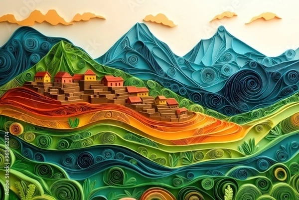 Obraz Intricate Quilling Paper Filigree Artwork of Machu Picchu in Peru with Quilled Terraces and Mountain Scenery
