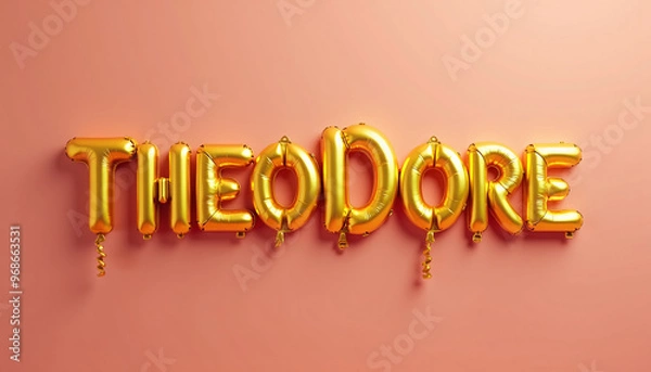 Fototapeta THEODORE Golden 3D Balloon Letters on Solid Color Background
