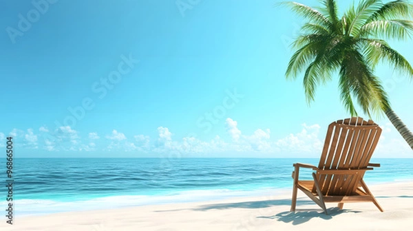 Fototapeta Tropical Beach Scene with Chair and Palm Tree