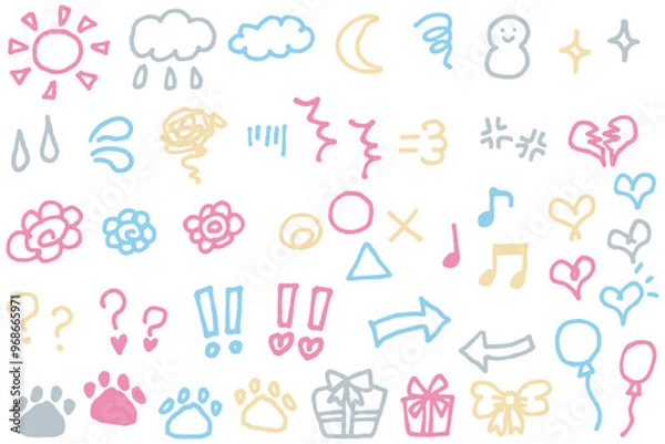 Fototapeta パステルカラーのかわいい手描きの落書きアイコンセット