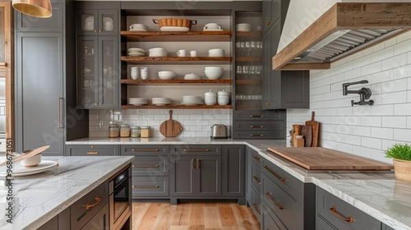 Obraz A kitchen with a mix of open shelves and closed cabinets, featuring a stylish blend of textures and colors