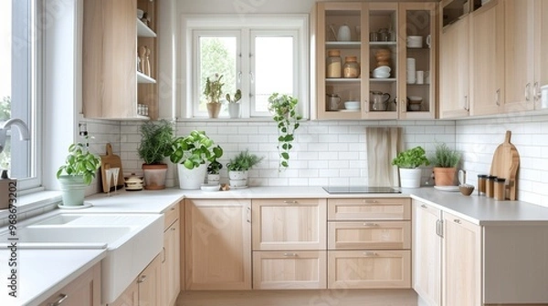 Obraz A Scandinavian kitchen with light wood cabinets, white countertops, and greenery in pots on the windowsill