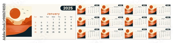 Fototapeta Calendar 2025 starts from Sunday. Minimalist, Clean, Simple and Modern Design. 12 pages Calendar