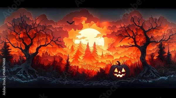 Fototapeta 3D hallowween pumpkin Layer multiple pieces of cut paper to add depth. For example, place a spooky tree silhouette in the background and a jack-o'-lantern in the foreground