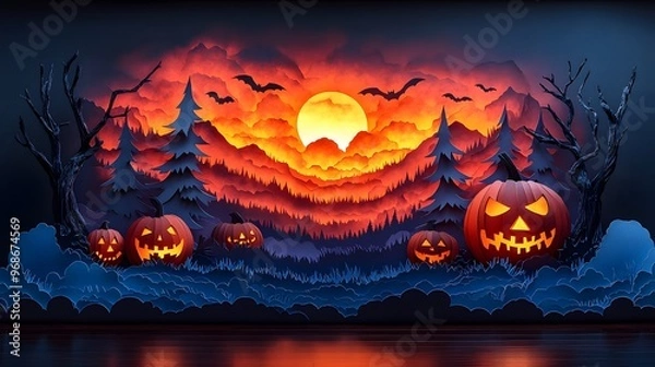 Fototapeta 3D hallowween pumpkin Layer multiple pieces of cut paper to add depth. For example, place a spooky tree silhouette in the background and a jack-o'-lantern in the foreground