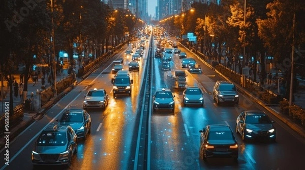 Fototapeta AI-operated traffic management systems preventing congestion with autonomous vehicles: A city street where all vehicles are self-driving and managed by AI traffic systems.