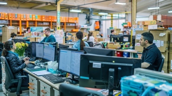 Obraz A cargo office during peak hours, with staff managing incoming calls, updating tracking systems, and organizing schedules