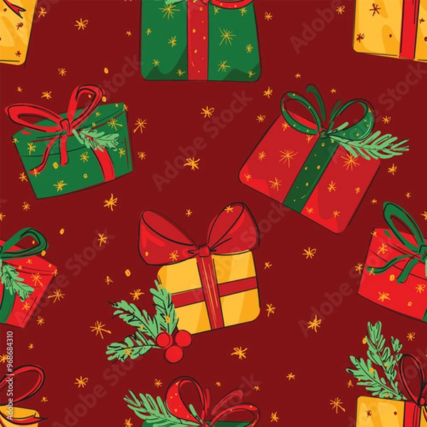 Obraz Seamless pattern with gift boxes. Christmas background. Ink sketch vector illustration, hand drawn