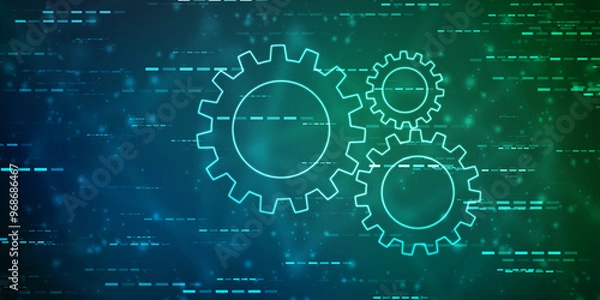 Obraz Process management, optimization operation, fix strategy industry, transmission gears wheel, software update status, Cog Gear Wheel with social media icons on the technology abstract background