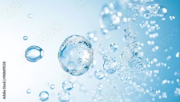 Obraz Effervescent fizz and clean cosmetics hygiene or rejuvenate renewable energy. Studio shot of transparent cosmetic blue gas bubbles under water in full-frame macro close up with selective focus blur.