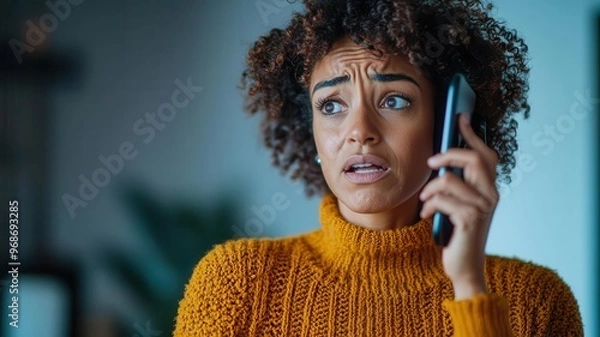 Fototapeta Scene of a homeowner calling the police, visibly distressed, phone in hand, showing the immediate response to a home invasion