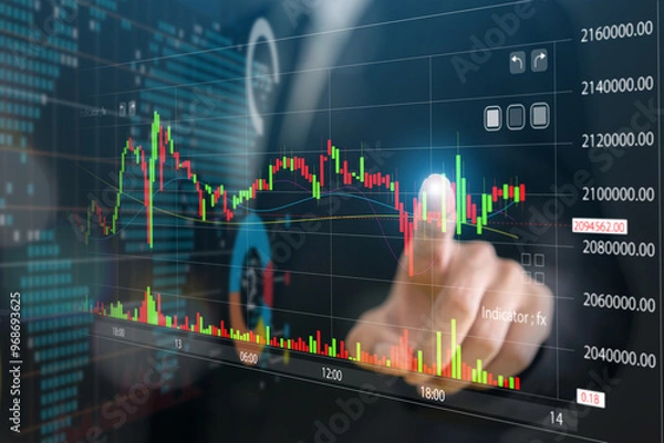 Fototapeta Business people with stock market chart financial trading, online investment, stock exchange analysis, market trends, real-time trading data, forex and crypto trading economic forecasting tool