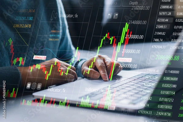 Fototapeta Business people with stock market chart financial trading, online investment, stock exchange analysis, market trends, real-time trading data, forex and crypto trading economic forecasting tool