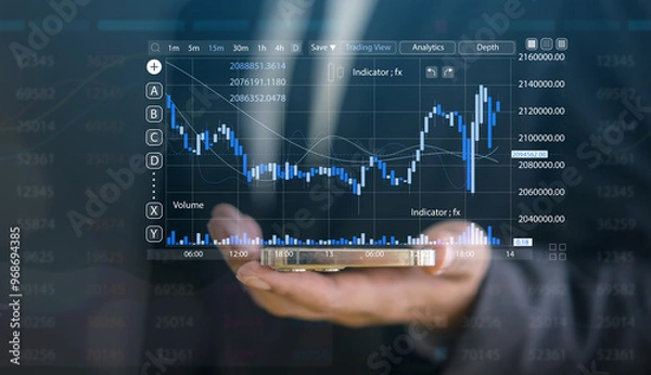 Fototapeta Business people with stock market chart financial trading, online investment, stock exchange analysis, market trends, real-time trading data, forex and crypto trading economic forecasting tool