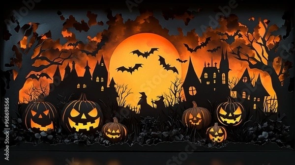 Fototapeta 3D hallowween pumpkin Use black paper to cut out detailed silhouettes of classic Halloween symbols like jack-o'-lanterns, witches, bats, ghosts, and skeleton