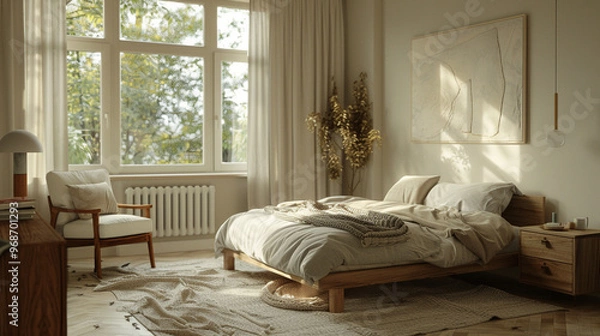Fototapeta A serene bedroom with a Scandinavian design, featuring a low wooden bed frame, soft gray bedding, and minimalist decor. 