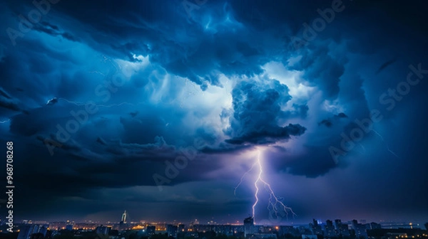 Fototapeta Thunderstorm with Lightning Strikes Over a City Skyline