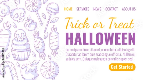 Fototapeta Halloween minimalist landing page vector template. Holiday flat side border frame, purple sweets icons. Candy cane, lollipop, skull shape cherry, cupcake. For website, web page, online, banner, party.