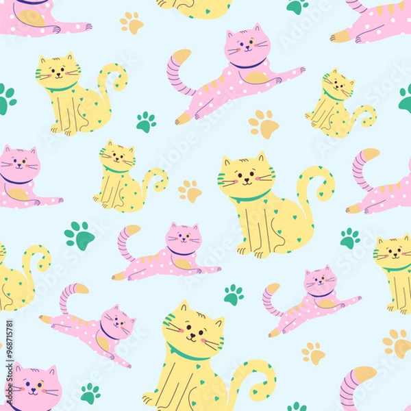 Fototapeta Vector pattern with yellow and pink fairy cats on a blue background