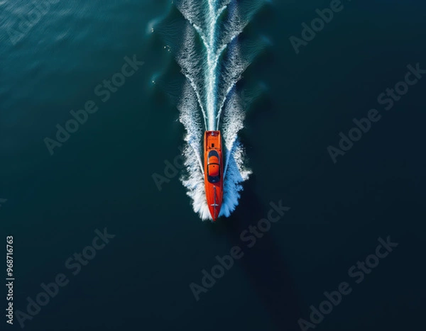 Fototapeta Top view of orange speedboat moving through the open water leaving white wake behind