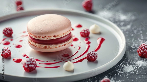 Fototapeta A minimalist dessert plate with a single, perfectly shaped macaron, surrounded by artful splashes of fruit pur?(C)e and small dots of chocolate ganache, on a glossy white plate.