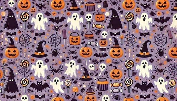 Fototapeta ハロウィンのおばけとかぼちゃ、紫の背景