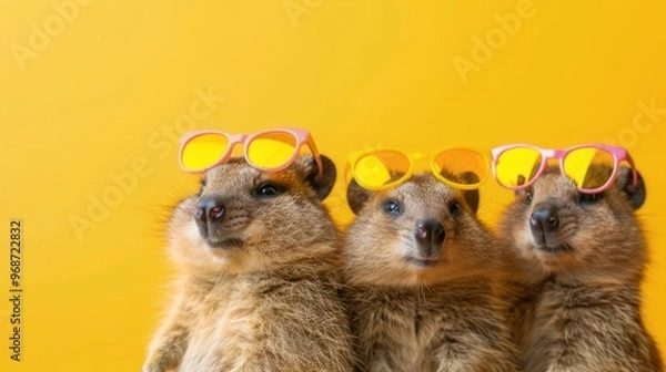 Fototapeta Quokka Friends in Sunglasses, playful group of quokkas wearing shades, bright solid background, ideal for commercial and editorial use, ample space for text and branding.