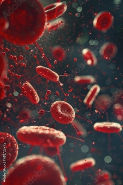 Fototapeta Close-up view of red blood cells with motion blur suggesting movement and circulation.