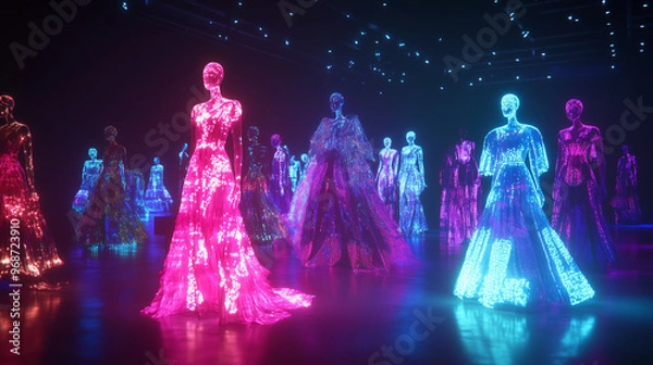 Fototapeta AI-Powered Virtual Fashion Show Featuring Holographic Avatars Showcasing Innovative Designs. Futuristic Runway Display with Digital Models Revolutionizing Fashion Presentation