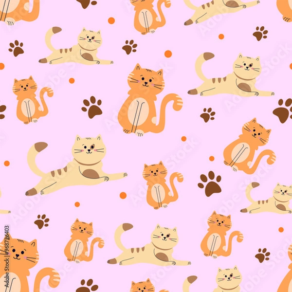 Fototapeta Vector pattern with the image of red and beige cats on a pink background