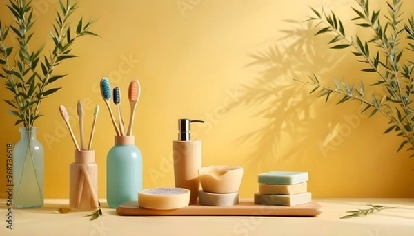 Obraz Eco toothbrushes. Bamboo toothbrushes cup, natural soap, plastic free ear sticks, wooden hair brush and white towels on gray stone background