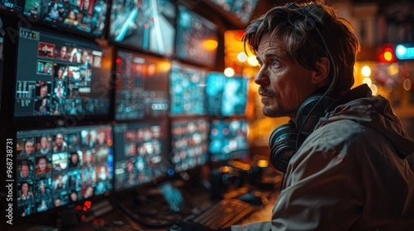 Fototapeta A cinematographer in a control room, coordinating multiple cameras during a live broadcast or multicamera shoot, with a wall of monitors displaying different angles