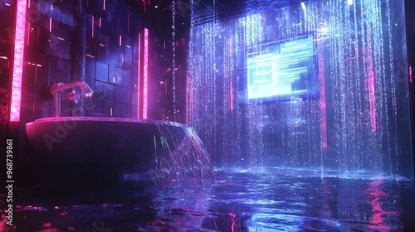 Fototapeta Water splashing from an overflowing sink in a futuristic bathroom, holographic insurance claims floating in the air, Neon lighting, Sci-fi style, Digital painting, High tech elements
