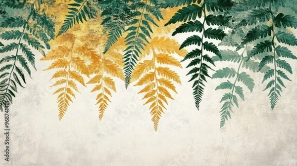 Fototapeta Illustration of fern leaves in green and gold, with a flowing, organic pattern on a textured white canvas. No people. No logo.