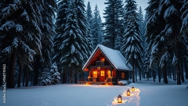 Fototapeta Cozy Cabin in a Snowy Forest at Night with Lanterns
