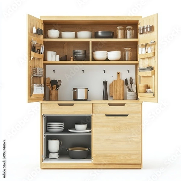 Fototapeta A wooden kitchen cabinet with open doors displaying various dishes and utensils.