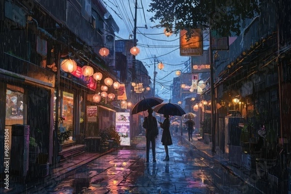 Obraz A Peaceful Urban Alley With Figures Using Umbrellas And Warm, Ambient Light Reflecting Off Rain-Soaked Surfaces. Cozy Vibe, Generative AI 