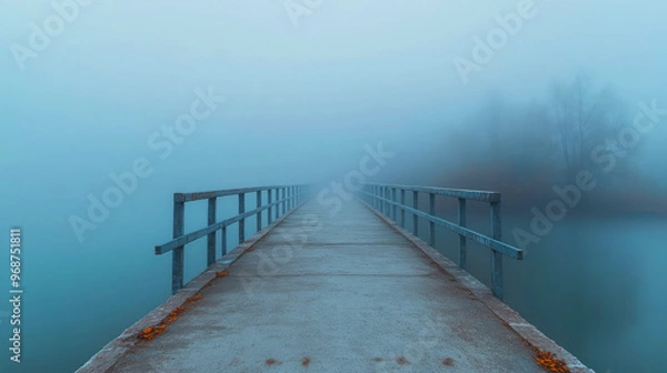 Fototapeta Misty bridge leading into the unknown. a solitary bridge disappears into a thick fog, leaving a sense of mystery and anticipation.