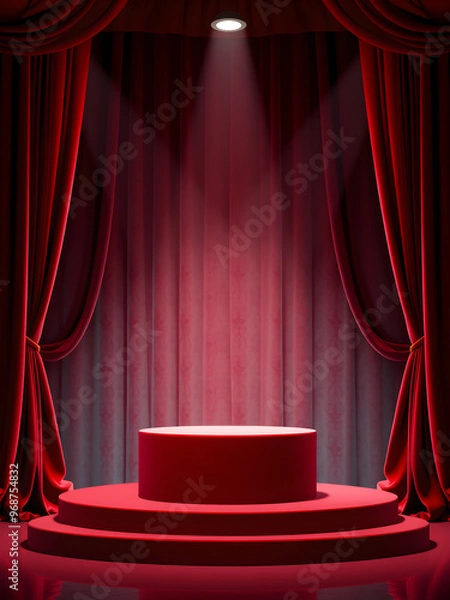 Obraz 3d Mock up Velvet red podium with theater curtains and spotlight. Pedestal stage for luxury fashion presentation. Dramatic scene for advertising. Sale promotion background.