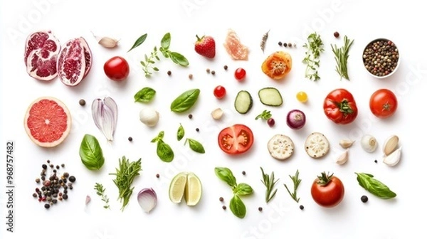 Obraz Assorted Fresh Ingredients for Cooking on White Background