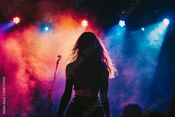Fototapeta Female singer performing on stage with a vibrant spotlight. The audience and stage lights are visible in the background