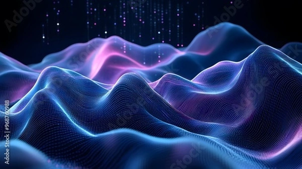 Fototapeta Dynamic wave pattern made of blue and purple lines in a digital space