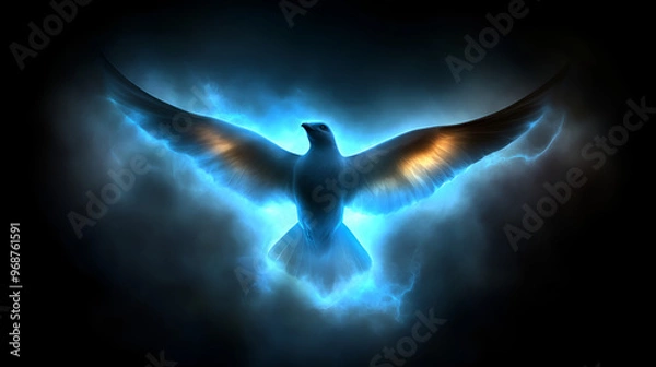 Fototapeta A luminous bird soaring through a mystical blue and black cloud formation at dusk, radiating ethereal light in a captivating moment